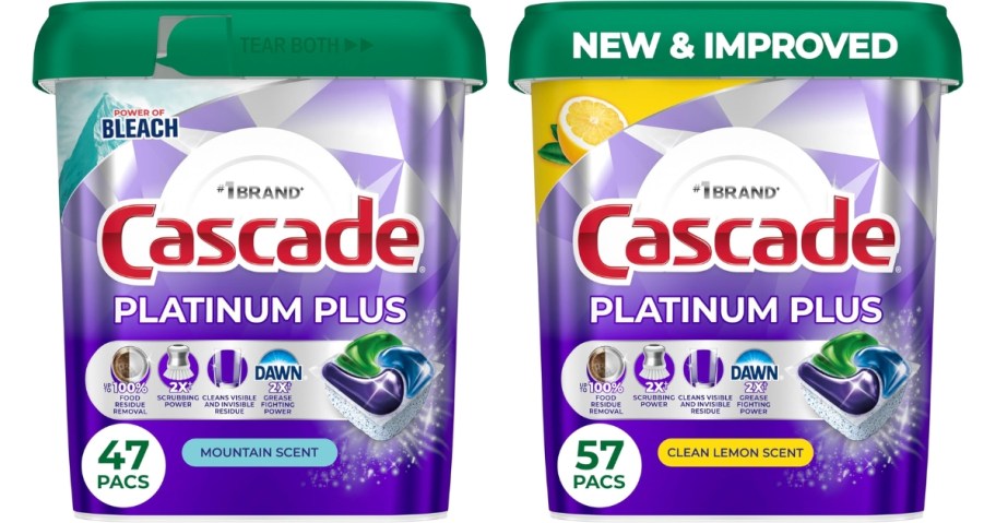 stock images of Cascade Platinum Plus Dishwasher Pods in mountain and lemon scent