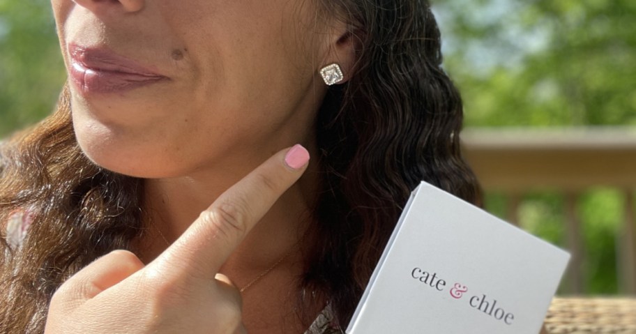 Woman wearing Cate & Chloe Princess Cut Earrings 