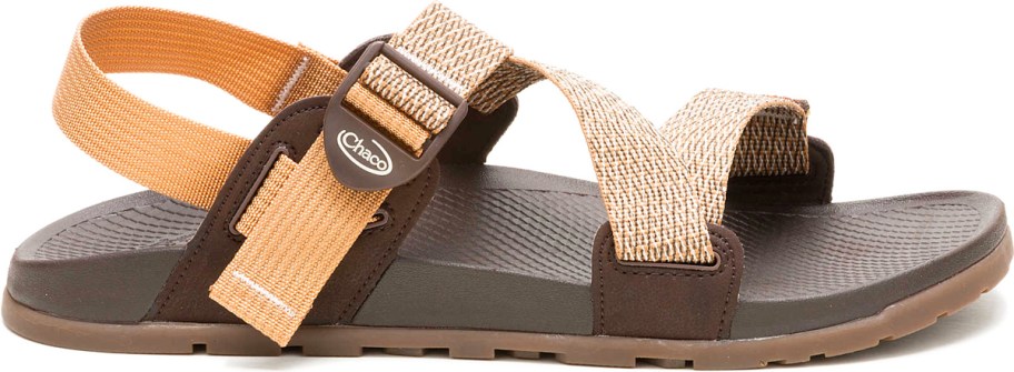 brown sandal with orange straps