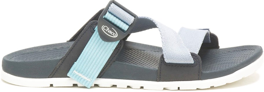 grey and white sandal with blue straps