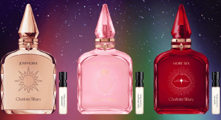 Three charlotte tilbury perfume bottles displayed with their samples next to it