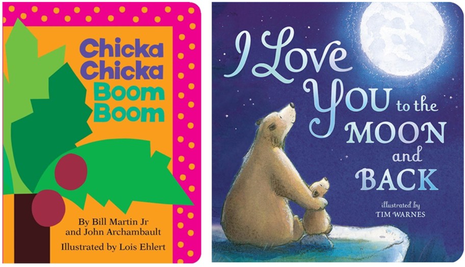 Covers of two board books: "Chicka Chicka Boom Boom" with a bold, colorful design and "I Love You to the Moon and Back" featuring a bear and cub under a glowing full moon.