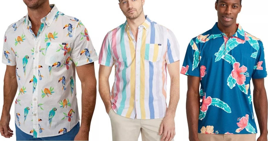 three styles of chubbies button down and polo shirts in different patterns