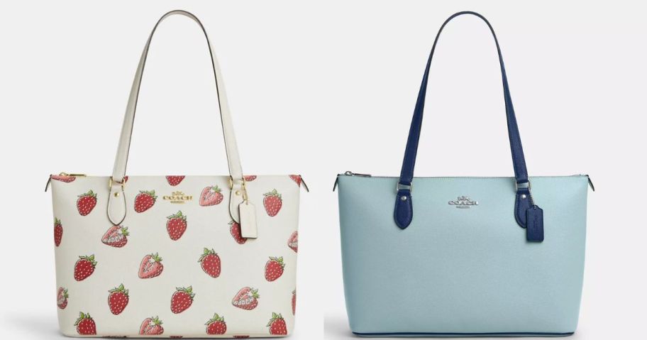 2 tote bags: one with strawberries on it and the other in blue 