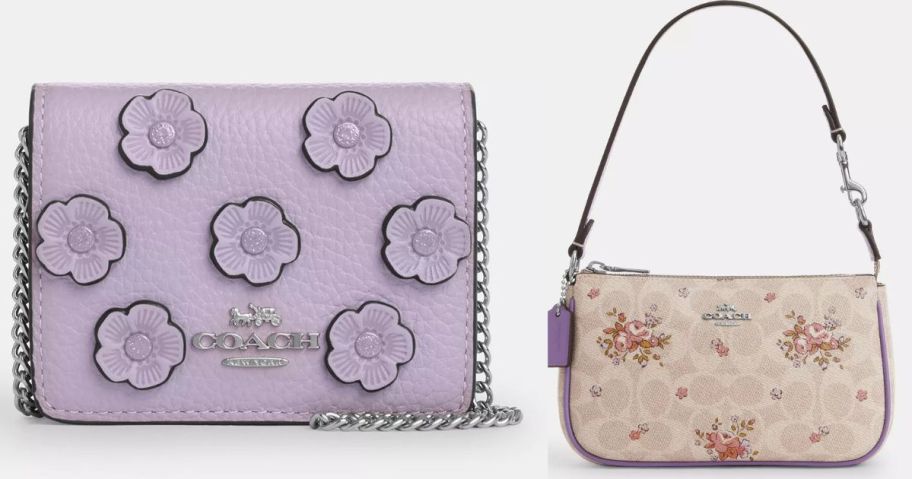 a small purple purse and a small floral purse
