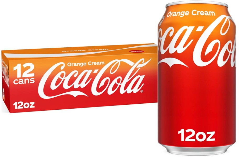 case of Coke Orange Cream soda with large can in front of it