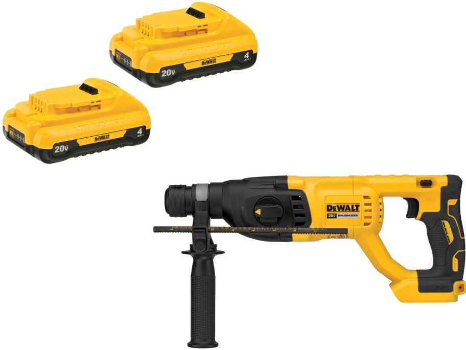 Stock images of two Dealt Batteries and a Rotary Hammer Drill