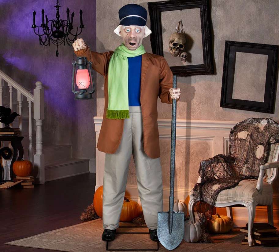 Haunted Mansion Life-Size Caretaker Animatronic in room with halloween decor