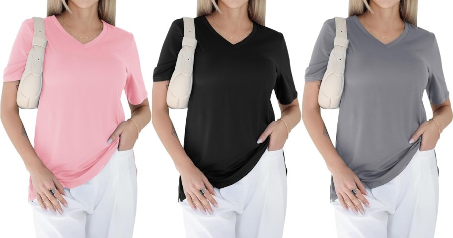stock photo of 3 women wearing different color v-neck t-shirts