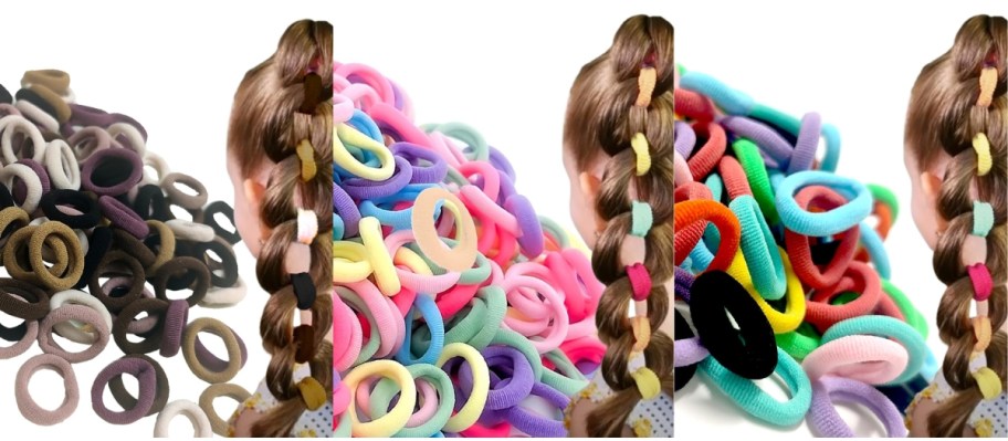 images of piles of seamless hair ties and little girls with braids and the hair ties woven in