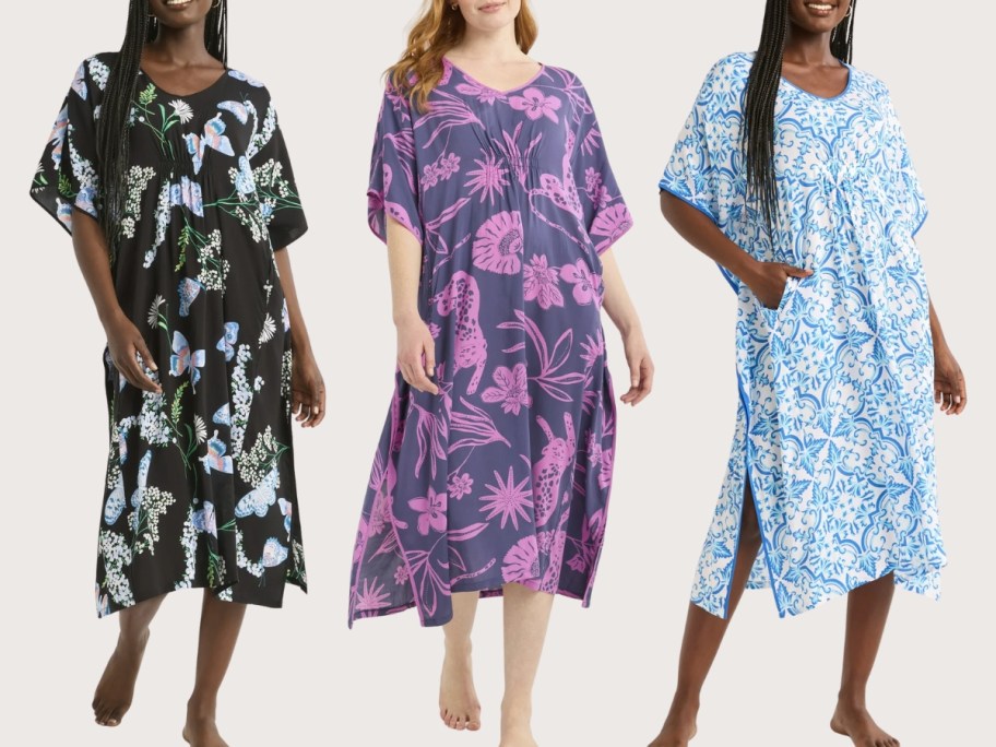 3 women wearing flowy caftan style nightgowns