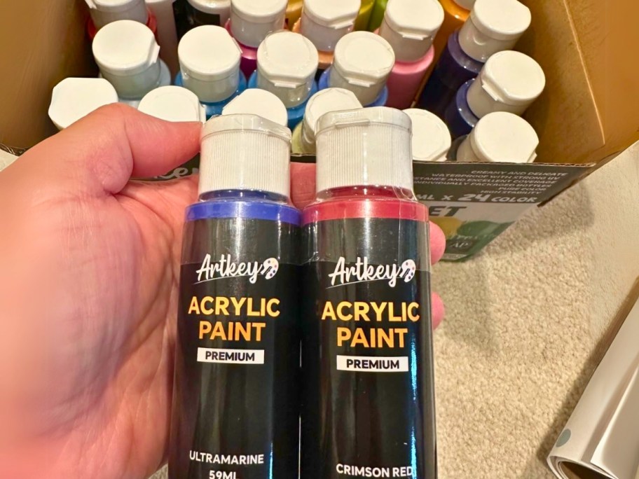 hand holding 2 bottles of acrylic paint, box with more bottles behind it