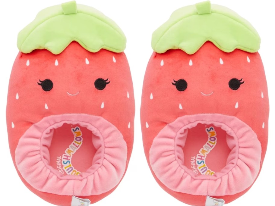a pair of strawberry Squishamllow kids slippers