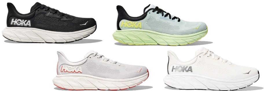 4 pairs of hoka running shoes in various colors