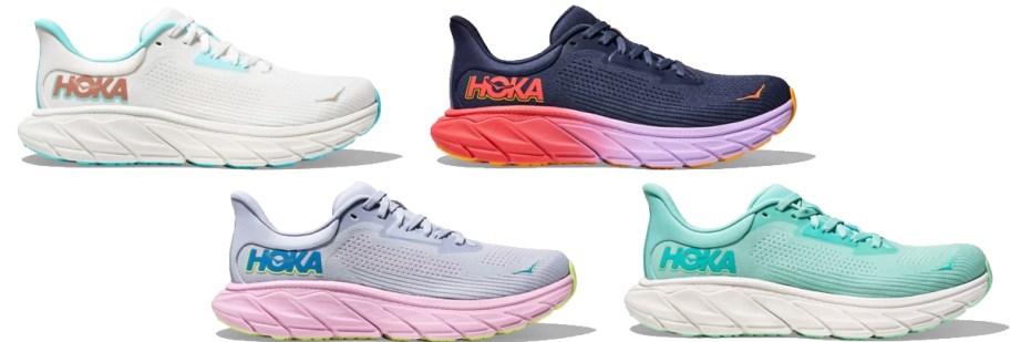 4 pairs of hoka running shoes in various colors