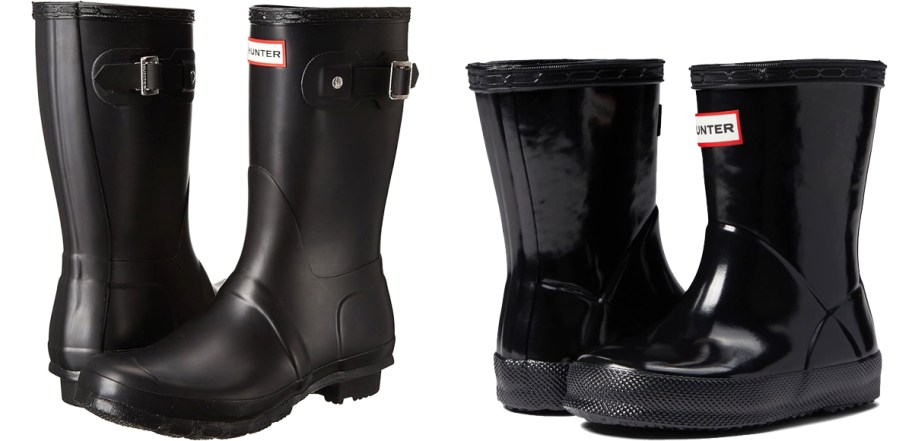 two pairs of black rain boots