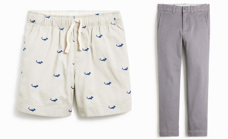 shark print shorts and grey pants