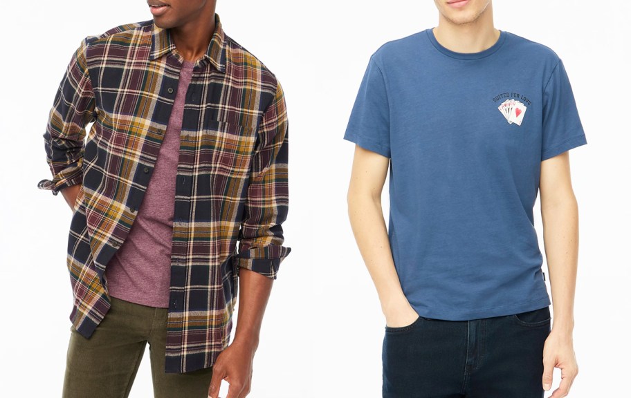 man in plaid shirt and man in blue tee