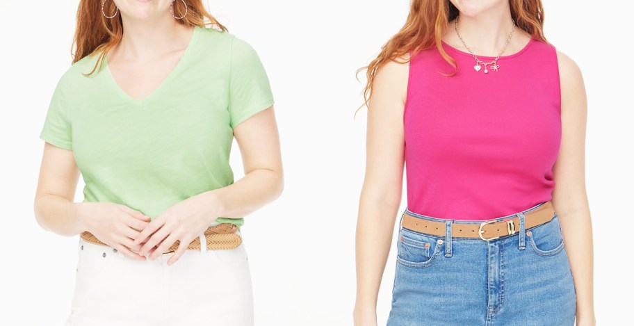 women in green v-neck and pink tank top