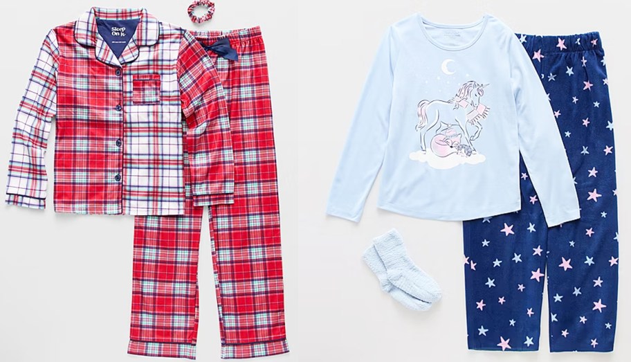 red and blue sets of girls pajamas with matching hair tie or socks