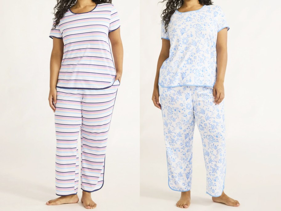 two women in striped and floral print pajama sets