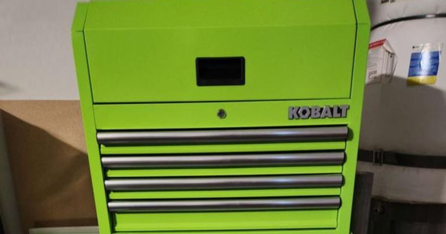 A bright green kobalt tool box