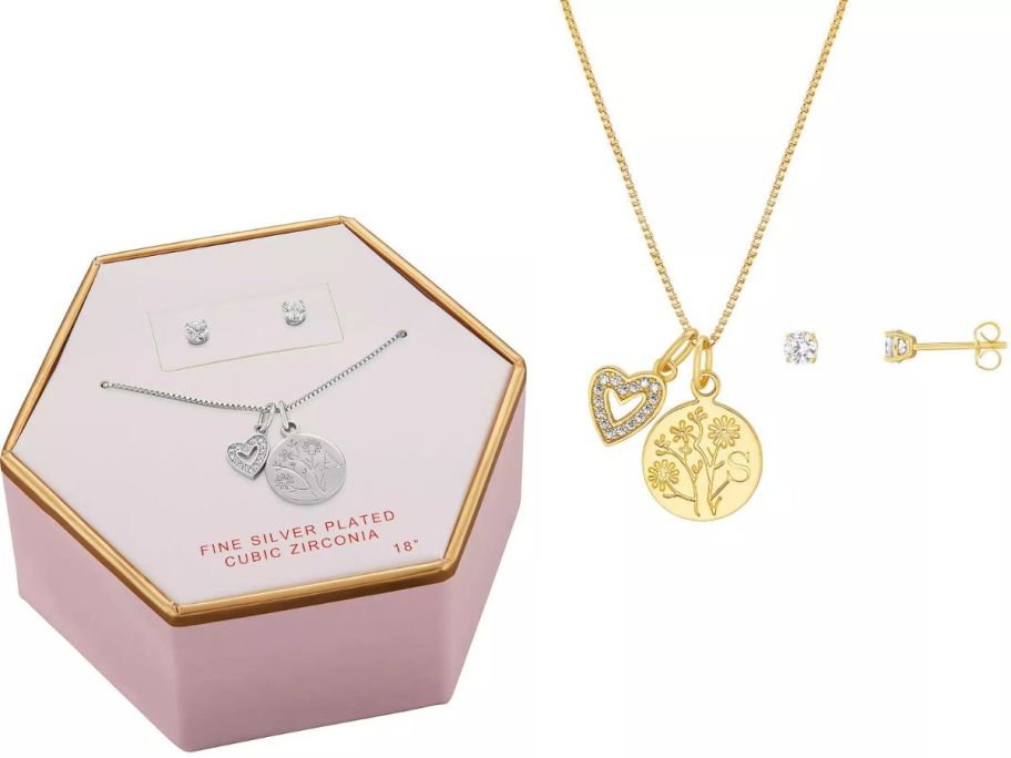 Stock images of two Brilliance Cubic Zirconia Earrings & Initial Pendant Necklace Sets