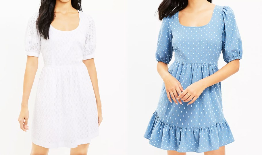 two women in white and blue dresses