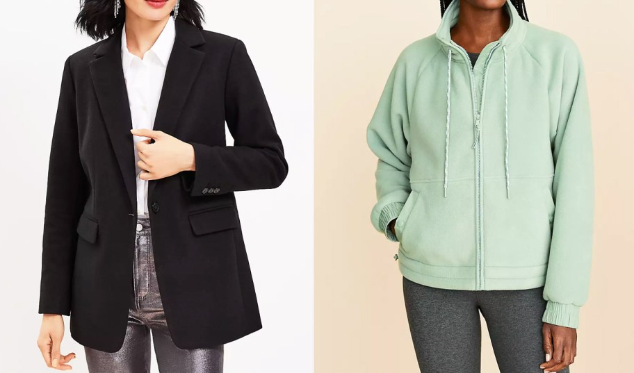 women in black blazer and green jacket