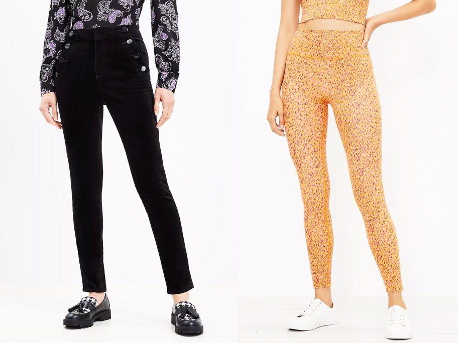 women in velvet pants and orange leggings