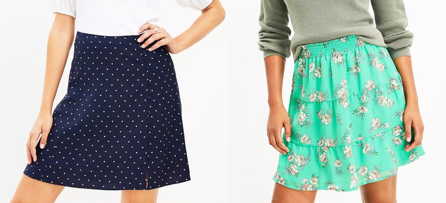 two women in polka dot and floral print skirts
