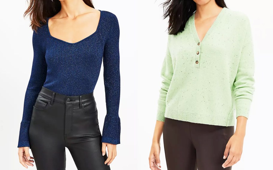 two women in blue and green sweaters