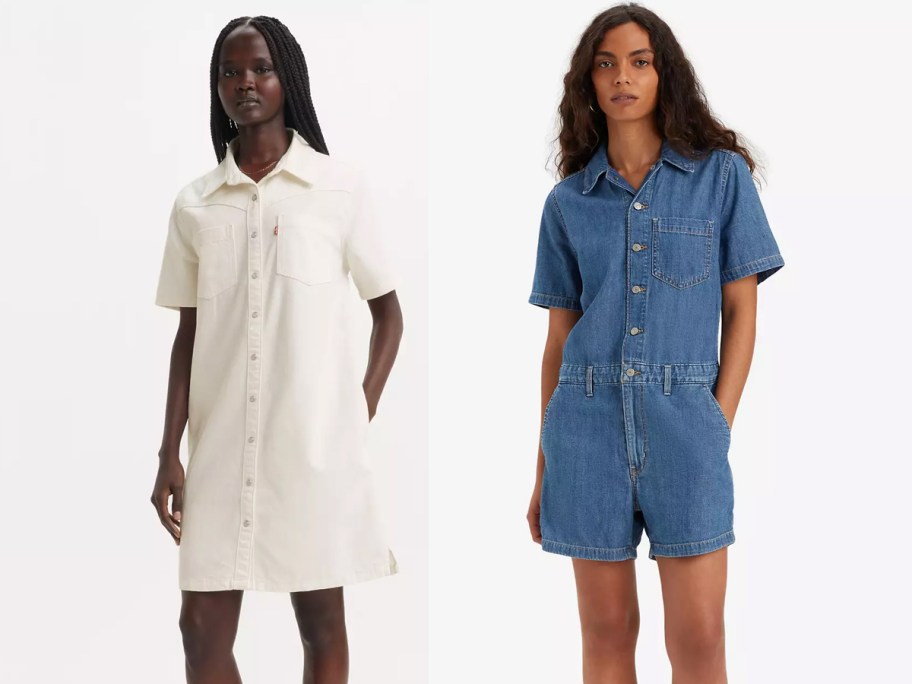 Model wearing a Levi's cream short-sleeve denim shirt dress next to a model in a Levi's blue short-sleeve denim romper with front pockets