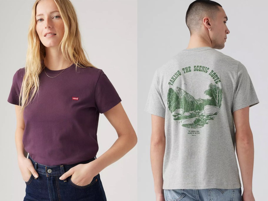Women’s Levi’s Perfect T-Shirt in plum and men’s Levi’s graphic tee with “Taking the Scenic Route” text and outdoor illustration on the back.