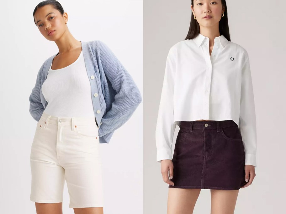 Sure! Here's a concise, SEO-focused alt text: Women wearing Levi’s Ribcage Bermuda shorts and Levi’s Corduroy Icon skirt styled with casual tops. 