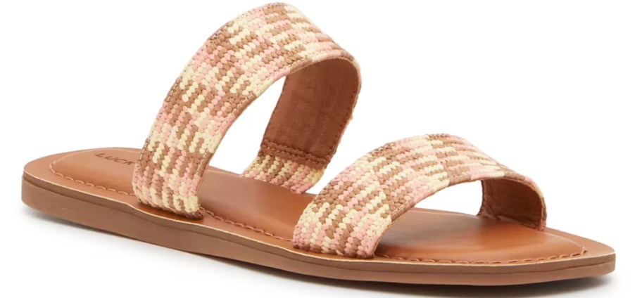 sandal with two woven pink, beige, and brown straps