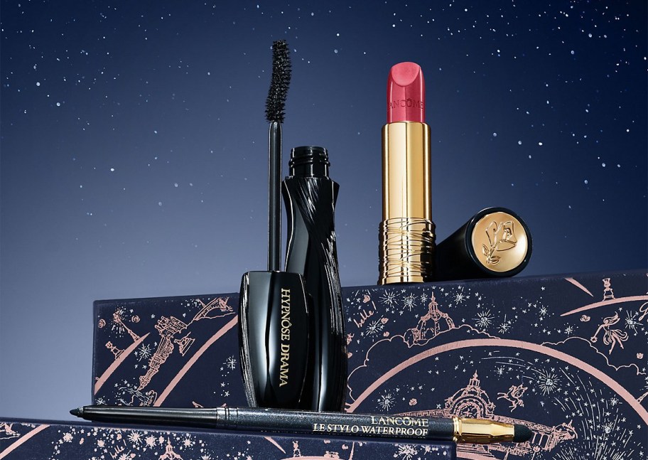 display of Lancome makeup on top of boxes