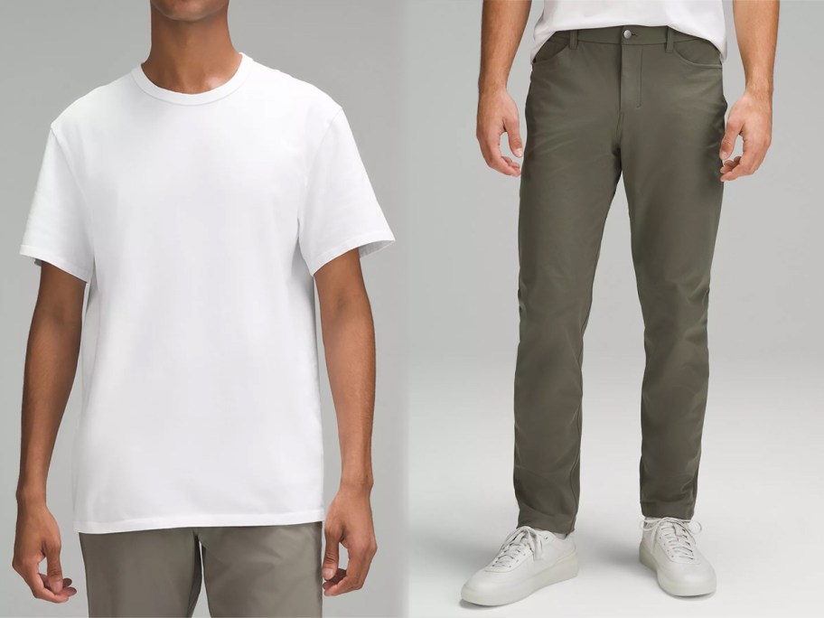 Man wearing lululemon Cotton Jersey T-Shirt and man wearing lululemon ABC Classic-Fit 5 Pocket Pant Warpstreme