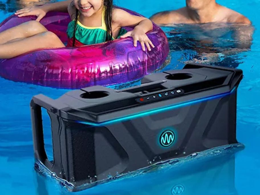 A Gemini Floating Bluetooth Speaker floating a pool
