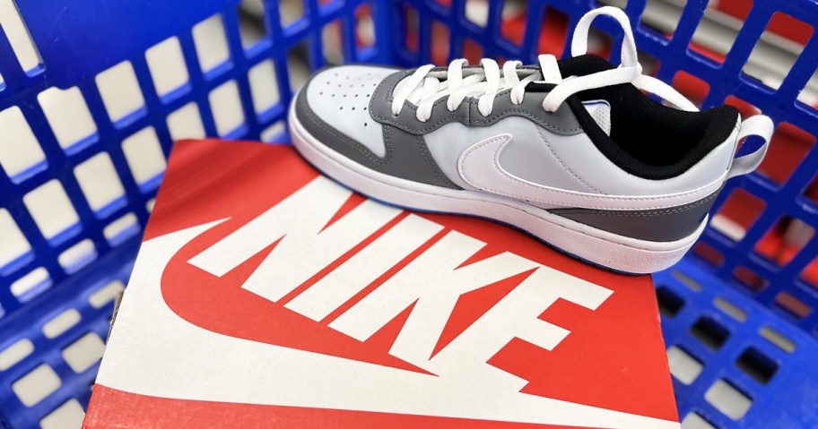 grey and white nike sneaker on top of a red nike shoe box in a blue shopping basket