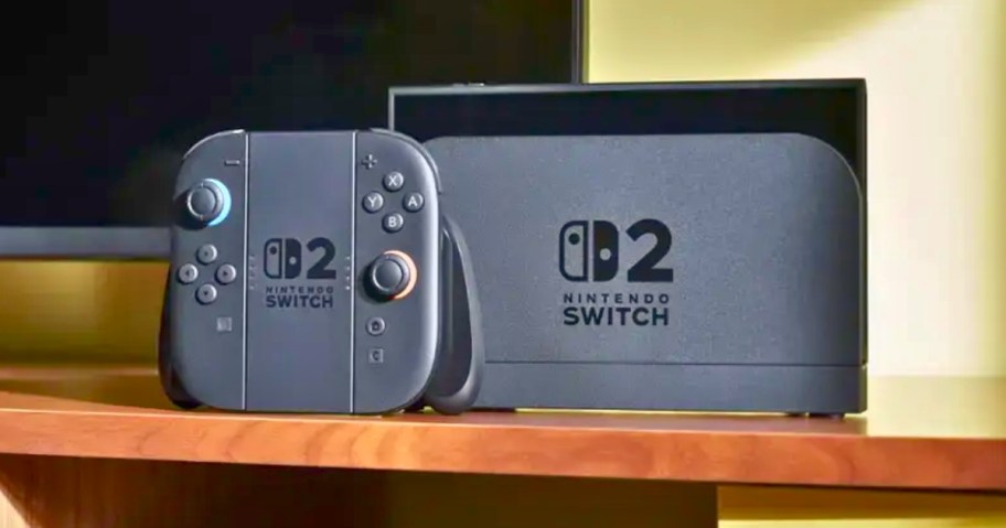 a Nintendo Switch 2 console and controllers and gaming screen