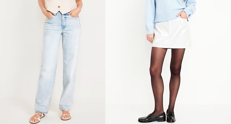 women in jeans and silver mini skirt