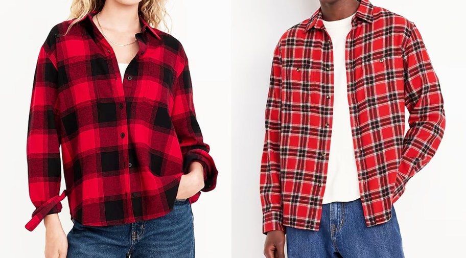 woman and man in red flannel button down tops