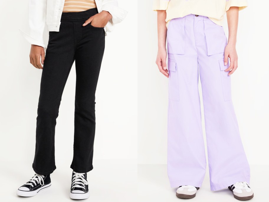 two girls in black and purple pants
