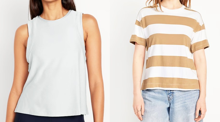 woman in silver tank top and woman in tan and white striped shirt