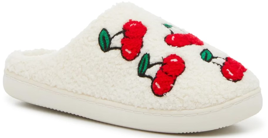 white slipper with red cherries print