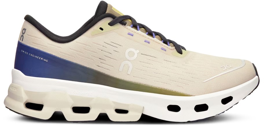 beige and blue running shoe