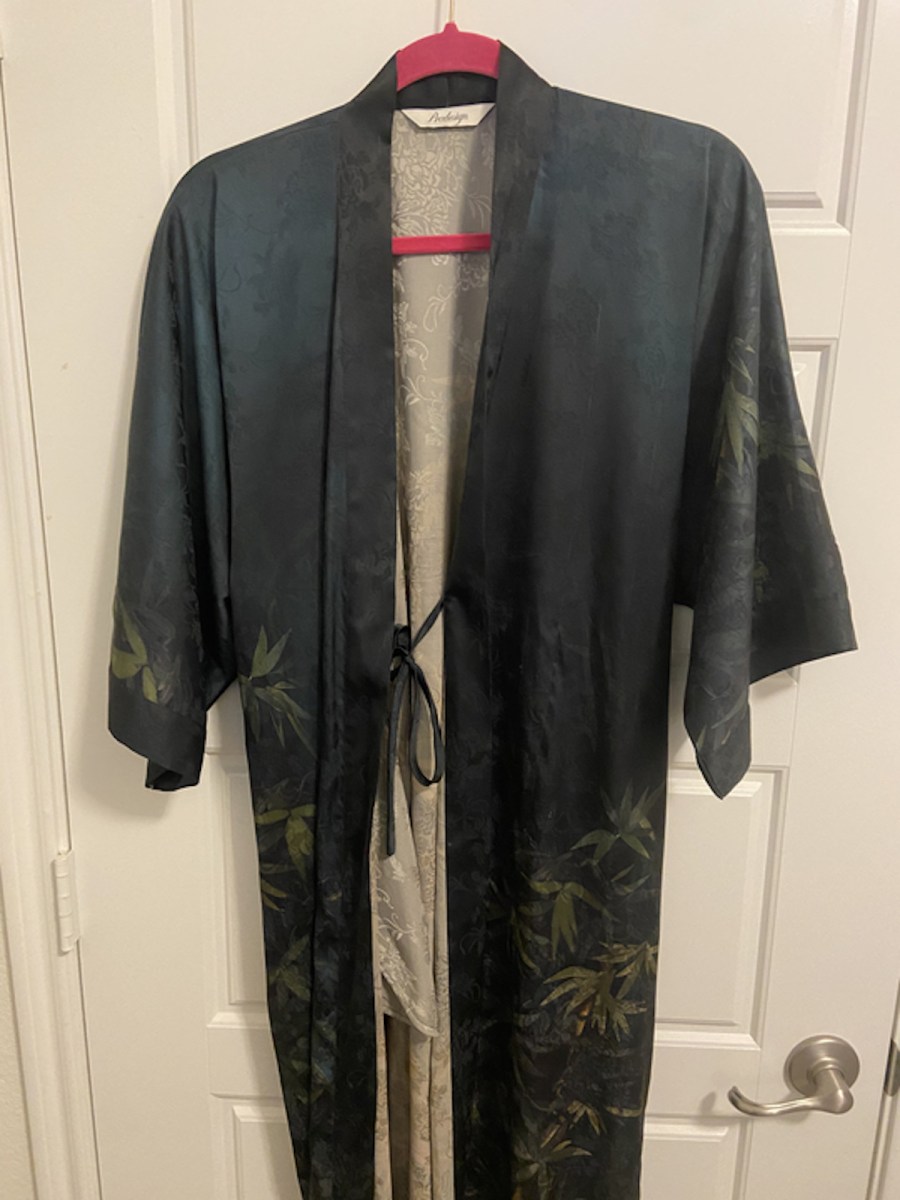 palm tree kimono robe on hanger