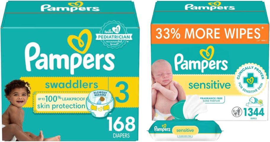 Stock images of a box of Pampers Swaddlers and Pampers Baby Wipes