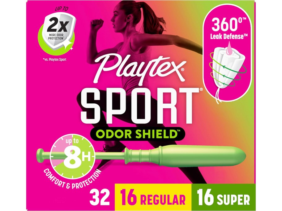 pink box of Playtex Sport Tampons in regular and super absorbency 